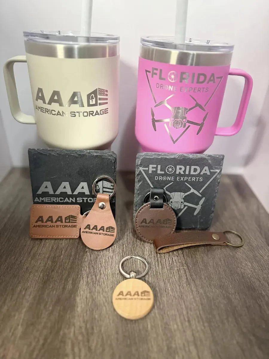 laser engraved tumblers, coasters and keychains