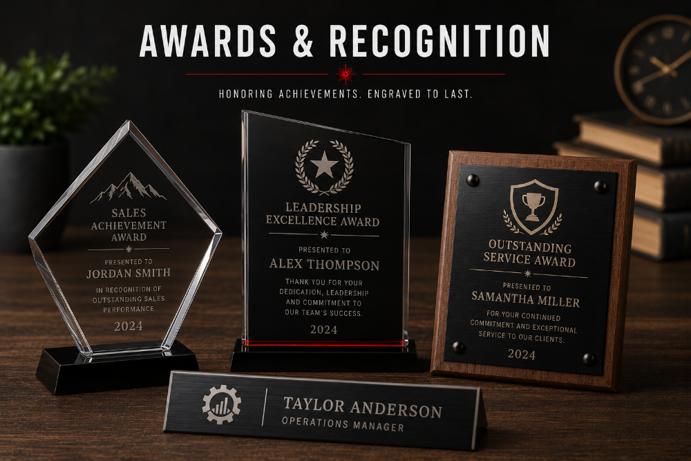 Three personalized acrylic and wood award plaques displayed on a dark wooden desk with a dark background, featuring a clear diamond-shaped award, a black rectangular glass award, and a brown wood plaque, with a front nameplate reading Taylor Anderson.