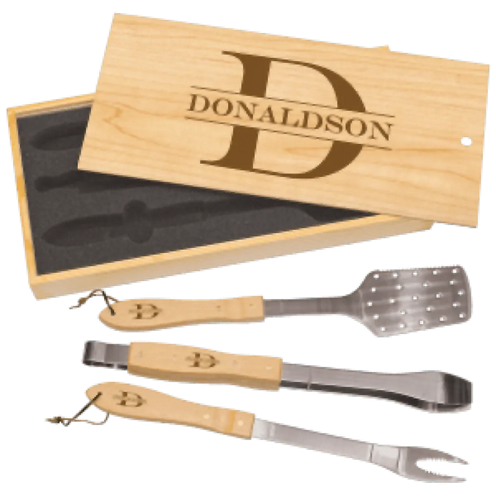 Personalized Three-Piece BBQ Gift Set in Pine Box - Midwestern Laser Art