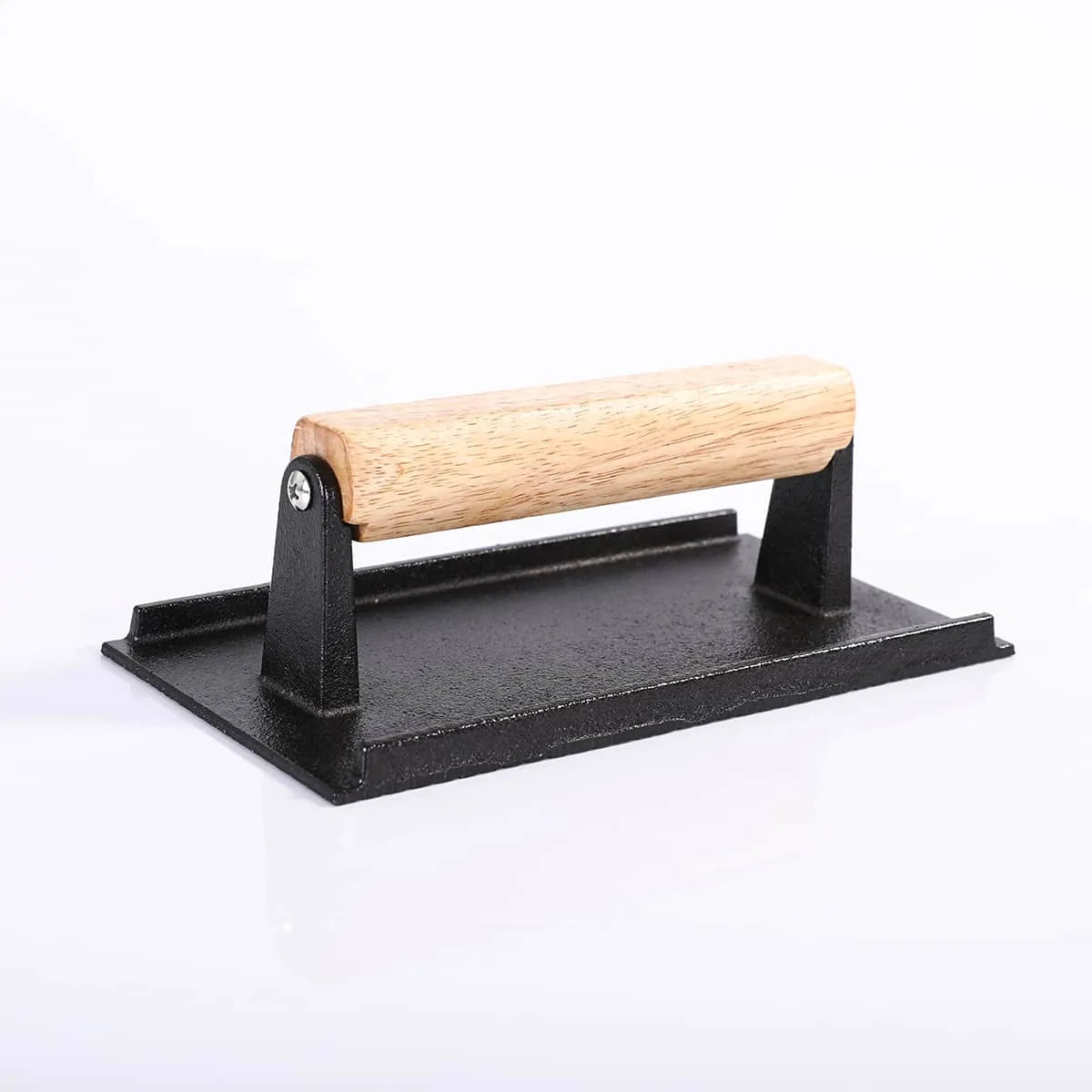Black metal tool with a wooden handle on a white background