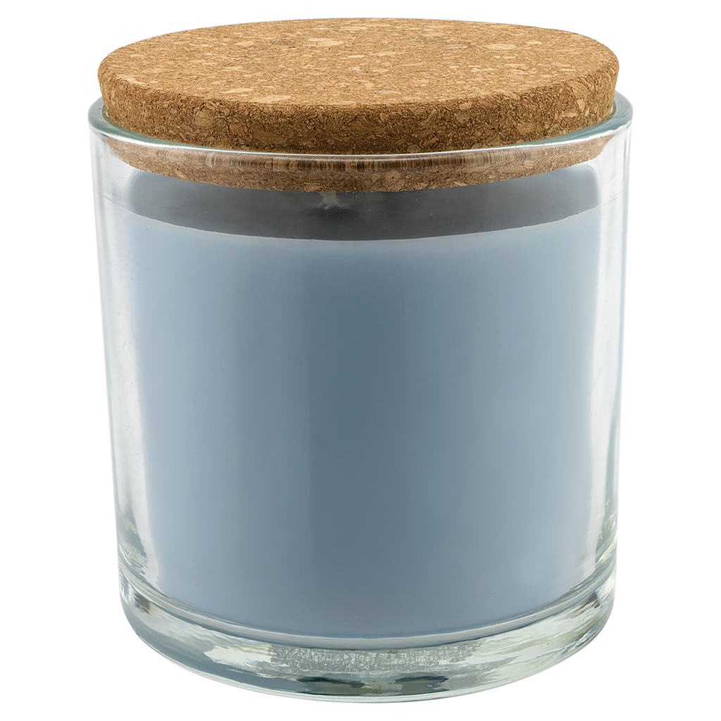 Crisp Linen 14 oz. glass candle with cork lid, shown without engraving