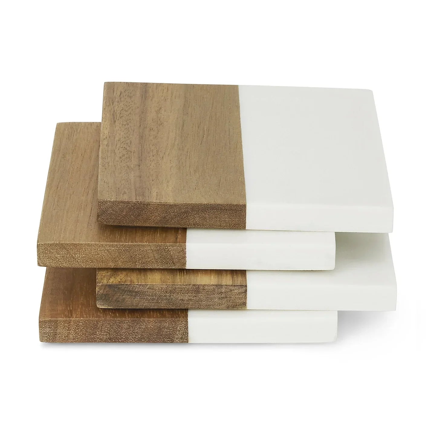 Stack of wooden and white cutting boards on a white background