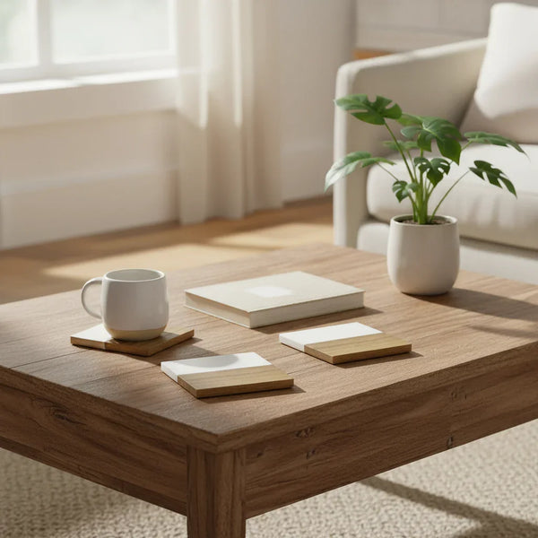 Two-tone wall art with white top and wooden bottom on a white background