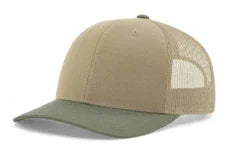 Khaki front panel trucker cap with olive green brim and white mesh back on white background