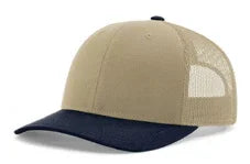 Khaki and navy blue trucker cap with mesh back and curved brim on white background