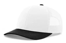 White and black trucker cap with mesh back and curved black brim on white background