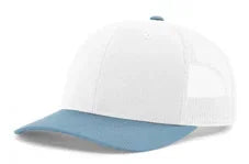White mesh trucker cap with solid Columbia blue curved brim and button on top
