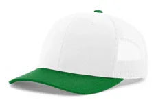 White mesh trucker cap with green bill and green top button on white background