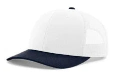 White and navy blue trucker cap with mesh back and curved brim isolated on white