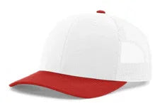 White and red mesh baseball cap with curved red brim on white background
