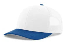 White mesh back baseball cap with solid blue curved brim and button