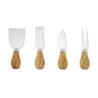 Set of four cheese knives with wooden handles on a white background