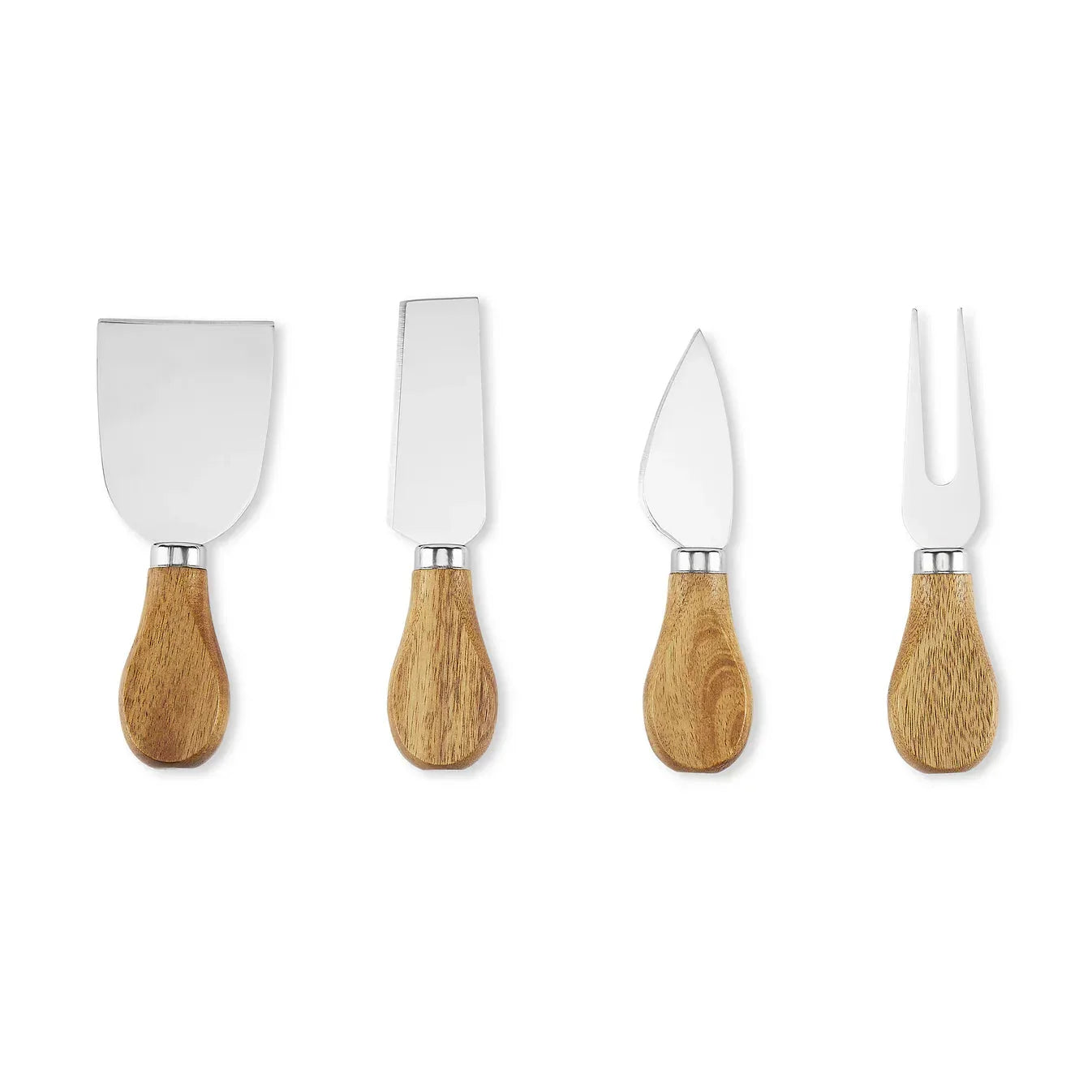 Set of four cheese knives with wooden handles on a white background