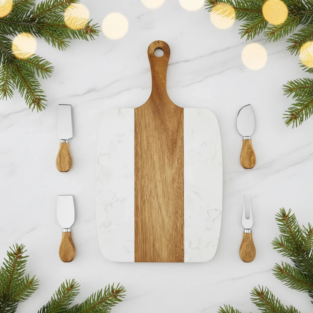 Wooden and marble cutting board with four cheese tools on a white background