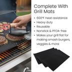 Grill mats being used on a grill with text highlighting features