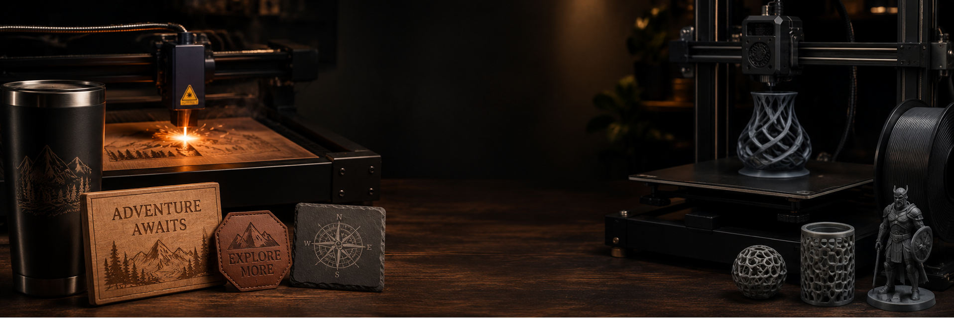A dark, moody workshop scene showing a desktop 3D printer on the right printing a geometric vase, and a laser engraver on the left burning a wooden sign that reads 'ADVENTURE AWAITS.' Several engraved wooden coasters and a mug are arranged on the table.