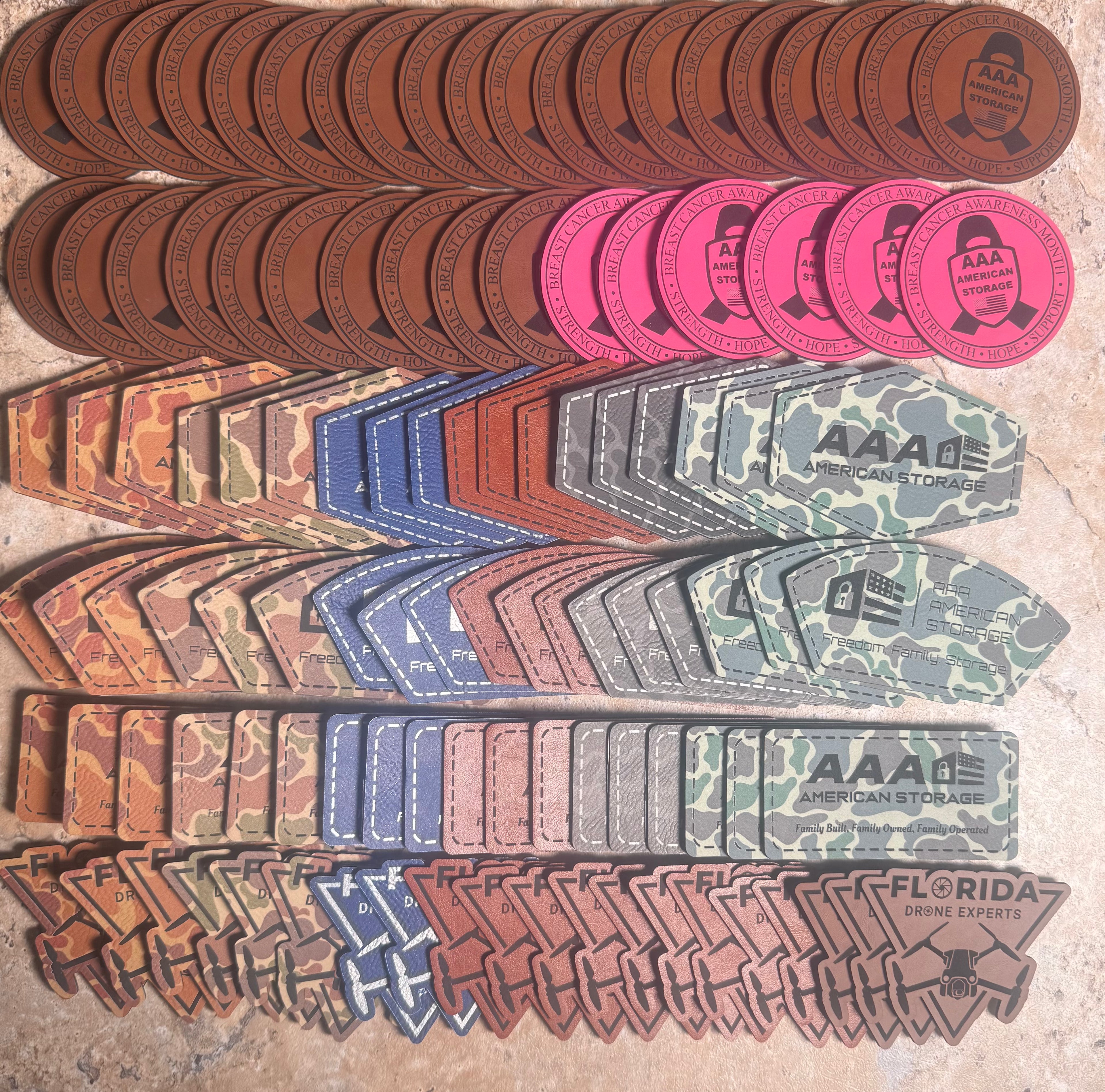 Collection of American Storage labels in various colors and designs on a textured surface.