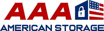 Logo of AAA American Storage with red 'AAA' letters, blue lock icon, and American flag.