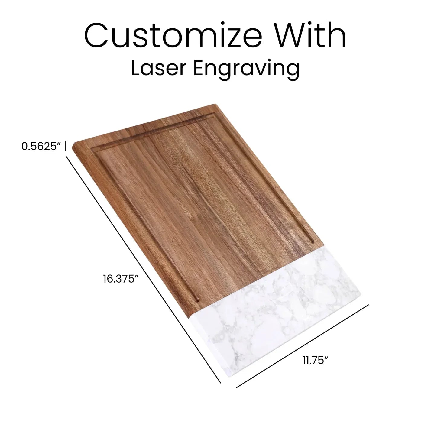 Wooden cutting board with marble edge and laser engraving dimensions on a white background