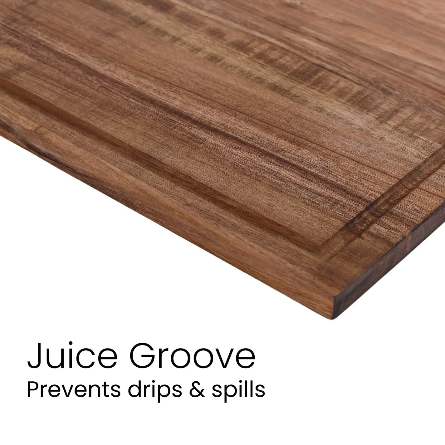 Wooden cutting board with a juice groove feature on a white background