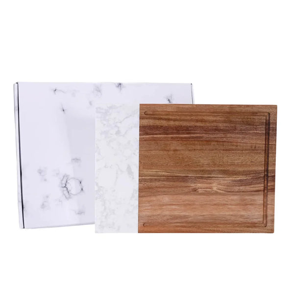 cutting board with a marble pattern and the other with a wooden texture, on a white background.