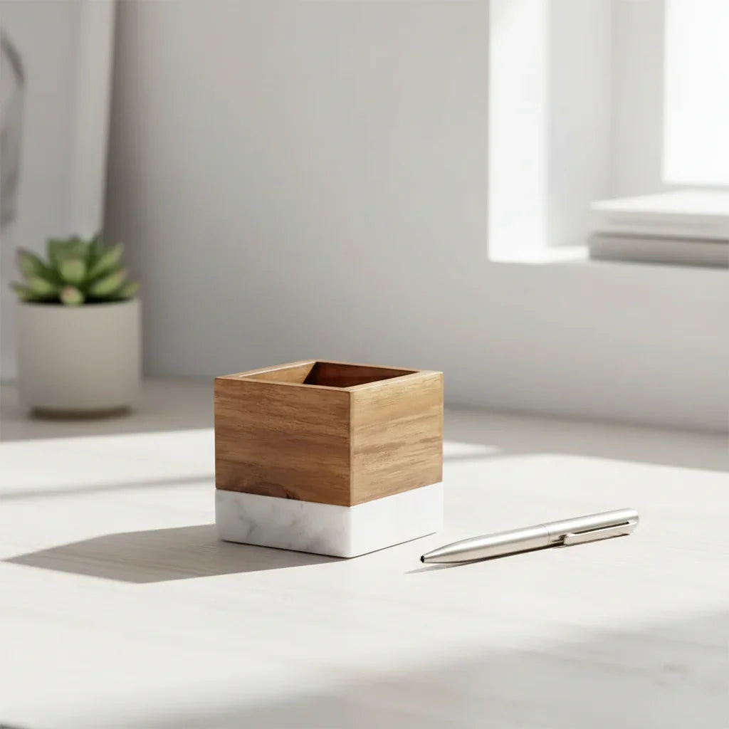 Wooden cube with marble base and packaging box on a white background