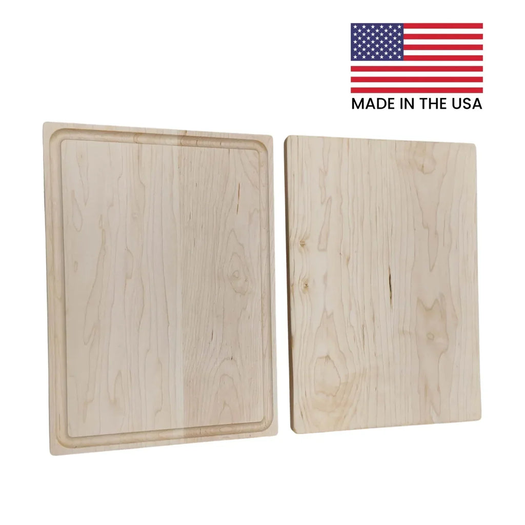 Two wooden cutting boards with an American flag and 'Made in the USA' text on a white background.