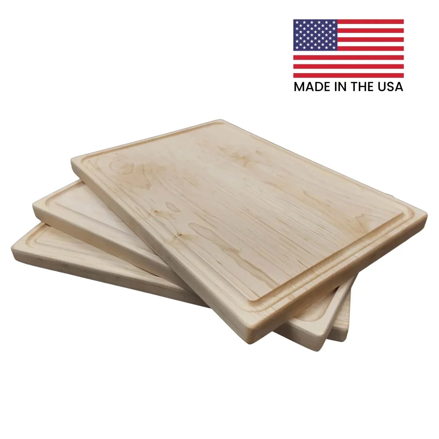 Three wooden cutting boards with an American flag and 'Made in the USA' text on a white background.