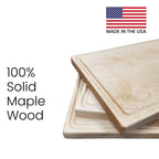 Stack of wooden cutting boards with '100% Solid Maple Wood' text and American flag indicating 'Made in the USA'.