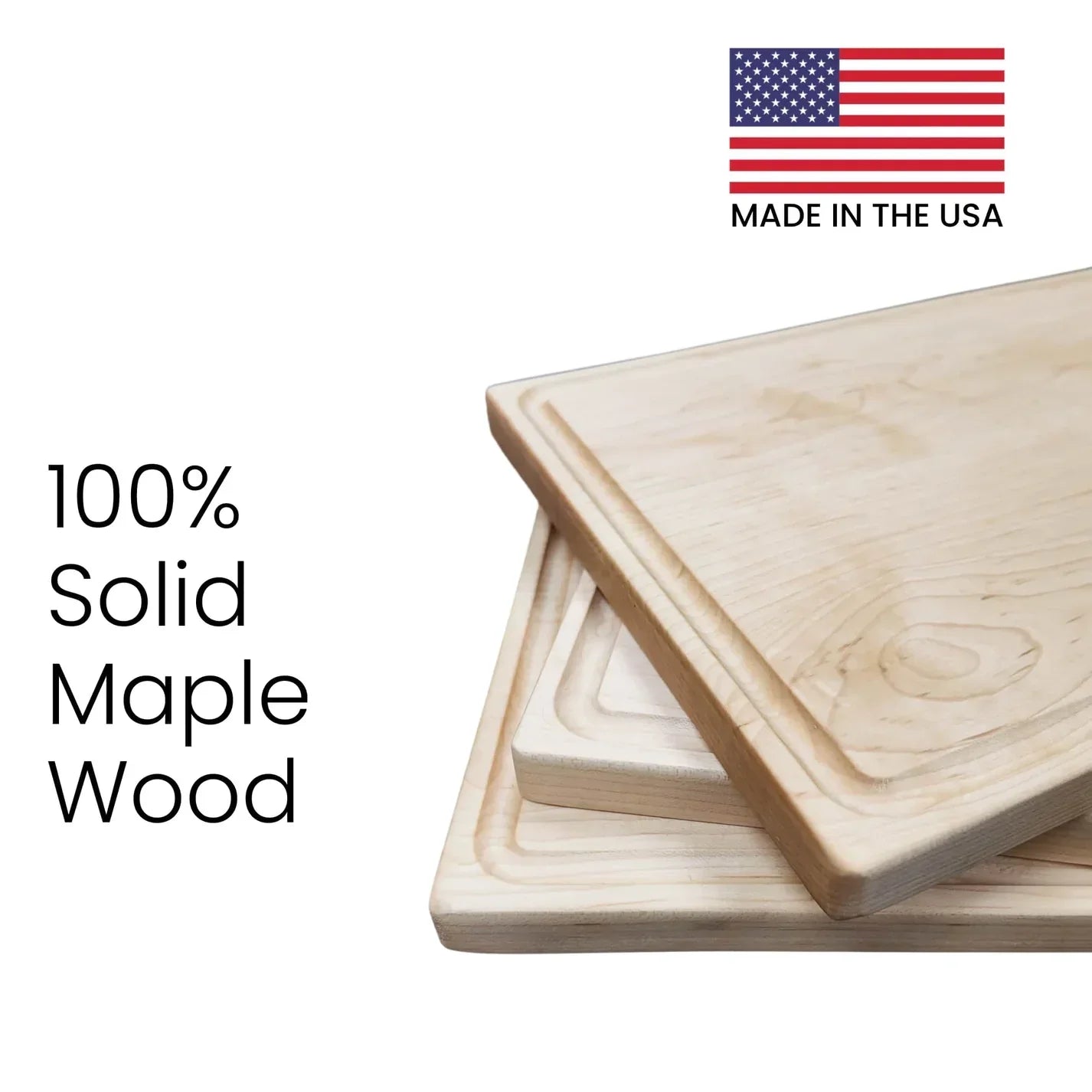 Stack of wooden cutting boards with '100% Solid Maple Wood' text and American flag indicating 'Made in the USA'.