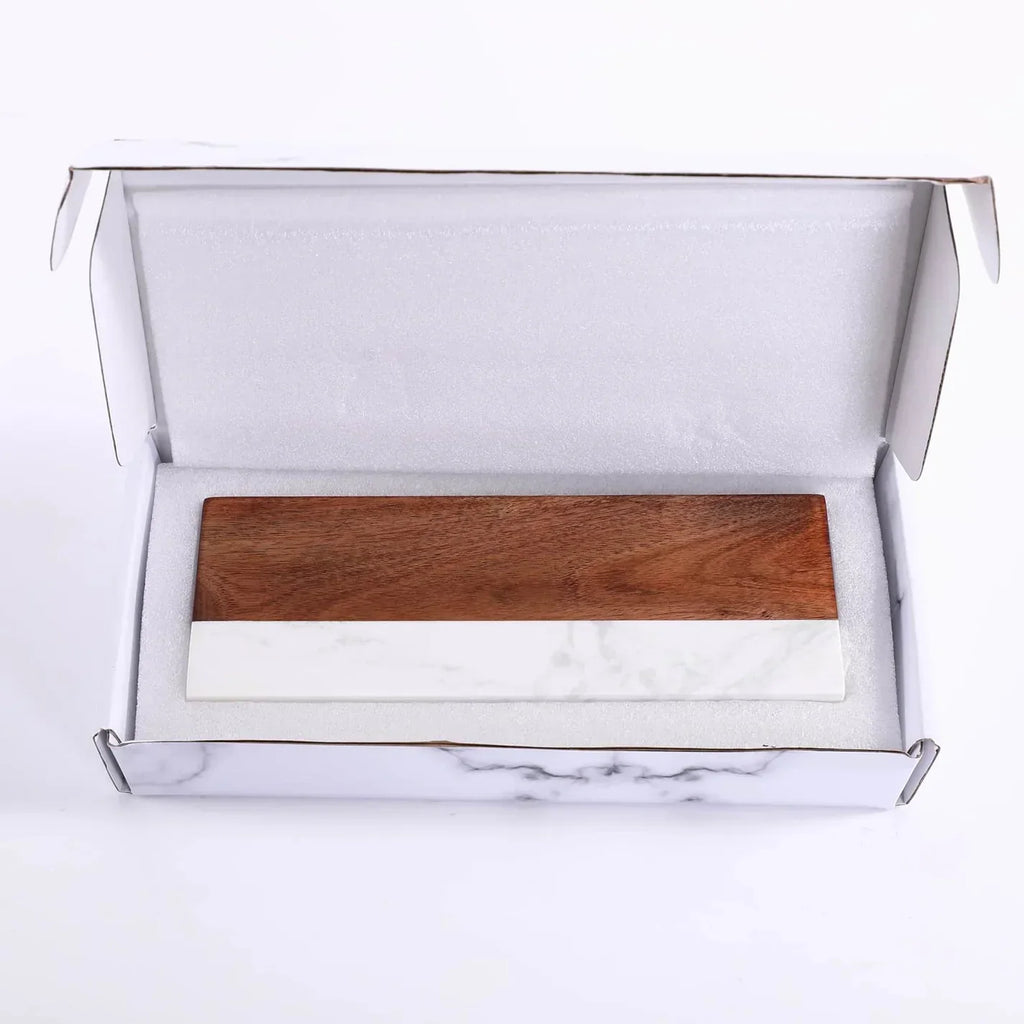 Wooden business card holder in a clear box with white interior