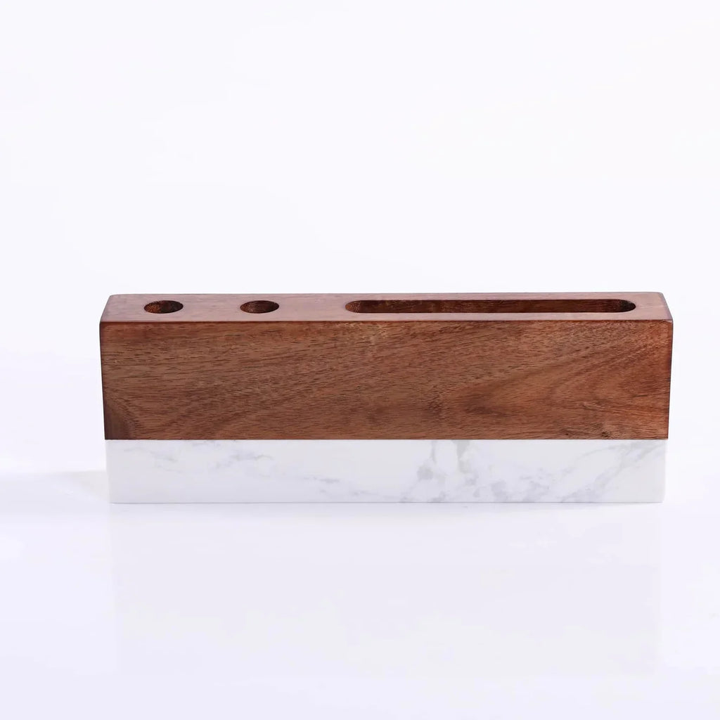Wooden and marble desk organizer on a white background