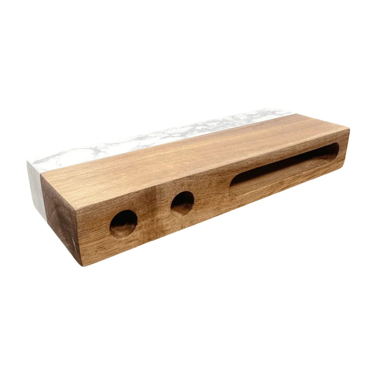 Wooden block with three holes on a white background