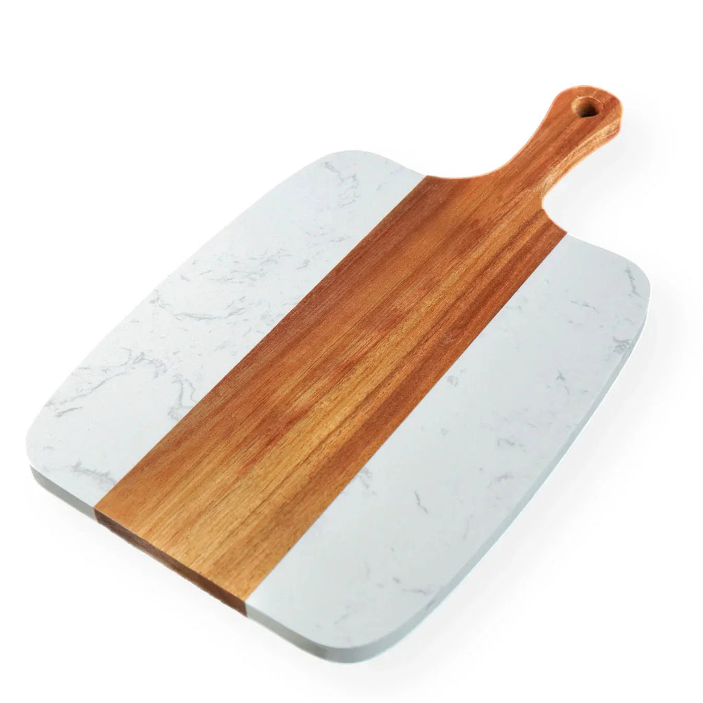 Marble cutting board with wooden handle on a white background