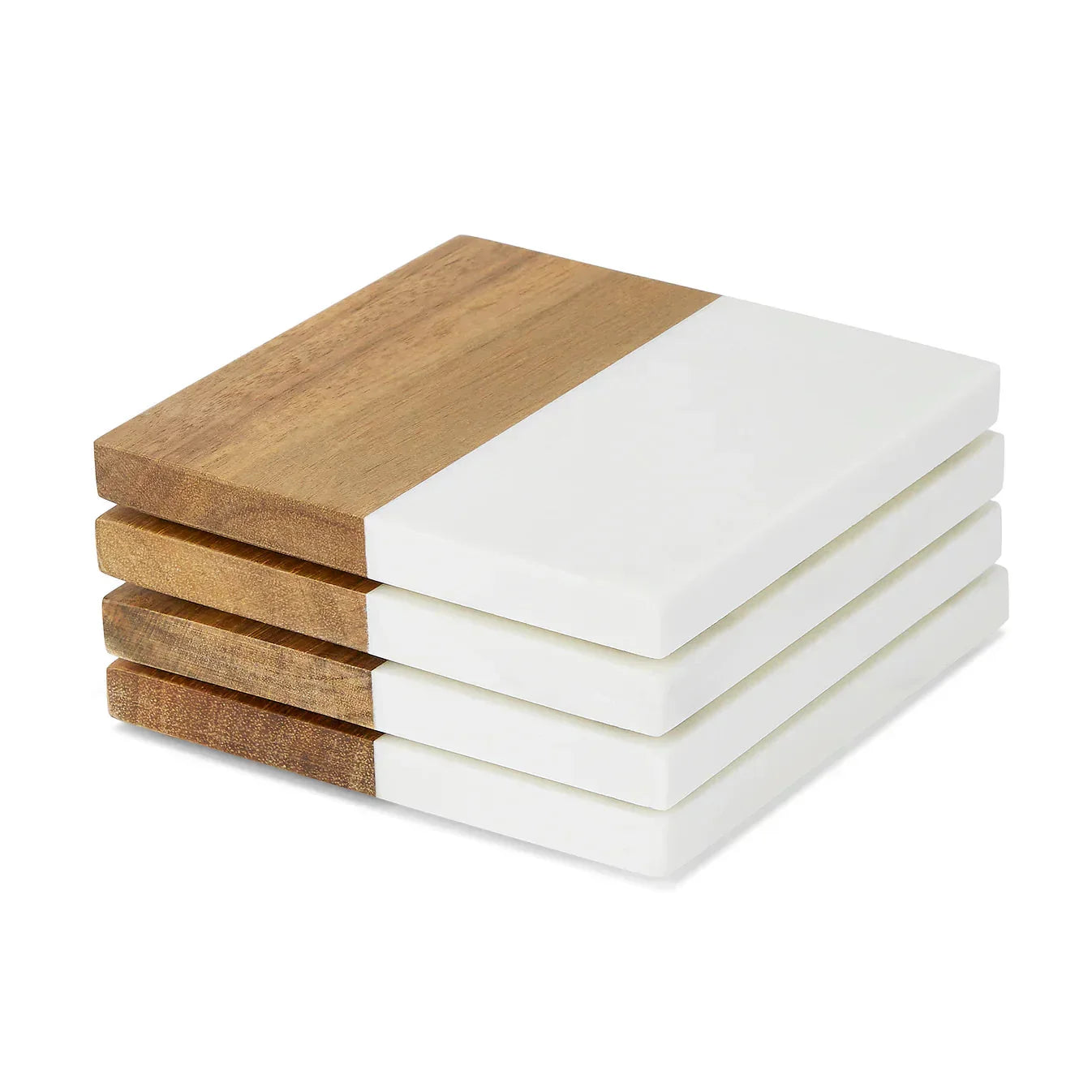 Stack of white ceramic coasters with wooden borders on a white background