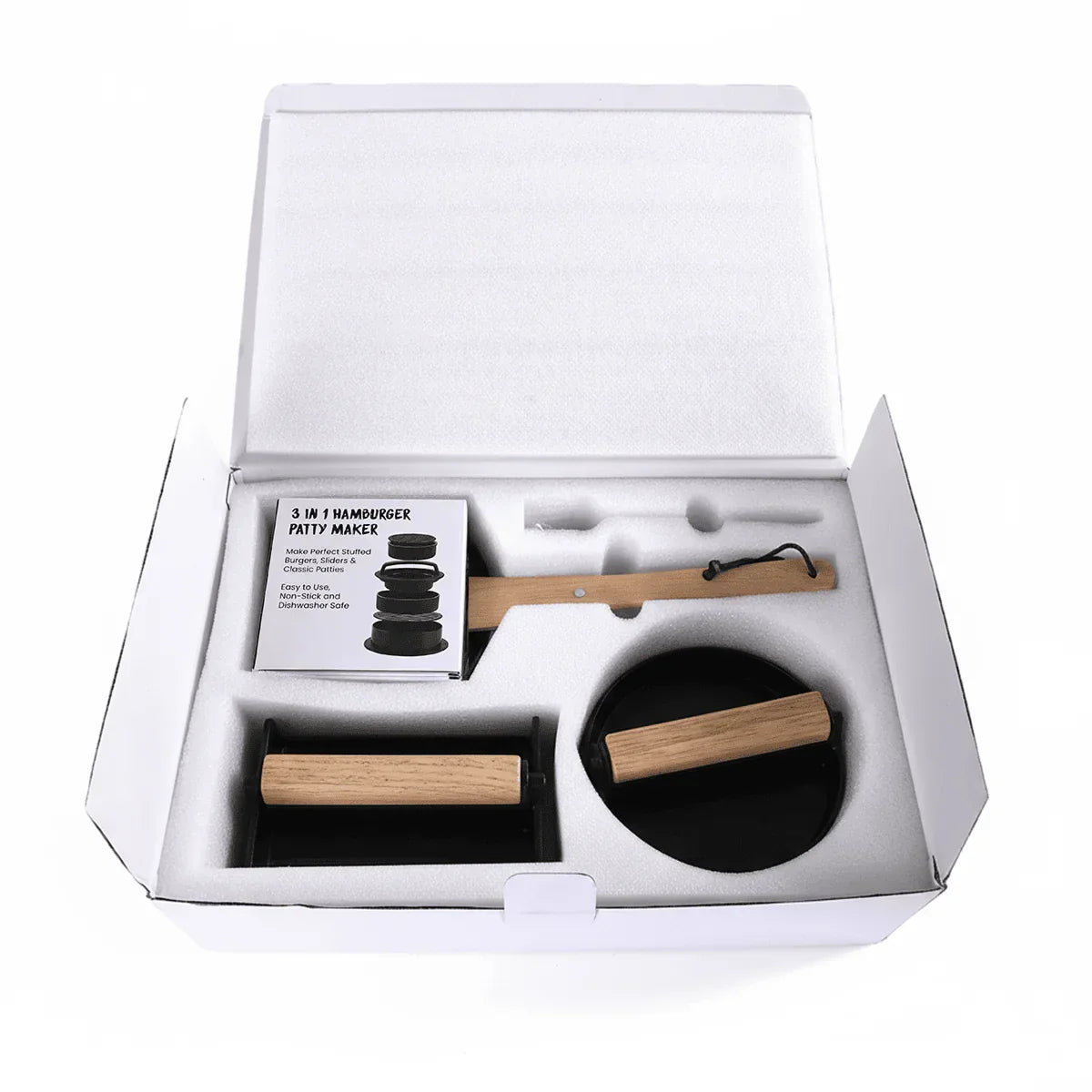 Hamburger patty maker set with wooden components in a white box packaging.