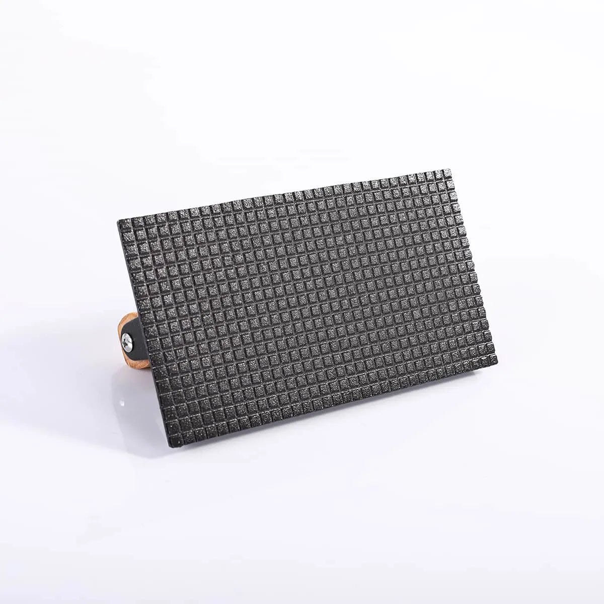 Black textured wallet with a wooden buckle on a white background