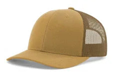 Solid amber gold trucker cap with mesh back and curved brim on white background