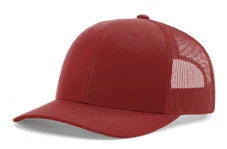 Solid cardinal red trucker cap with curved brim and mesh back panels