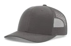 Solid charcoal gray mesh back trucker hat with curved brim on white background