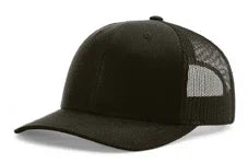 Black trucker hat with mesh back and curved brim on white background