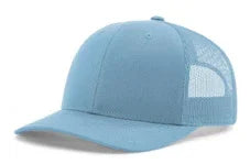 Solid Columbia blue trucker hat with mesh back and curved brim