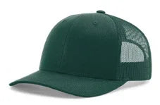 Solid dark green trucker cap with mesh back and curved brim on white background