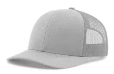 Solid light grey trucker cap with mesh back and curved brim on white background