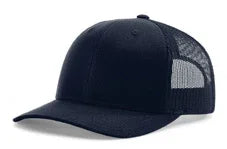 Solid navy blue mesh trucker cap with curved bill, available in large and extra large sizes