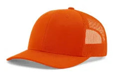 Bright solid orange trucker cap with mesh back and curved bill on white background