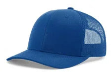 Solid royal blue trucker hat with mesh back panels and curved brim