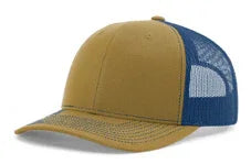 brown and blue mesh trucker hat with curved brim and blue stitching accents