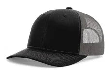 Black charcoal split design mesh trucker hat with curved visor and snapback closure