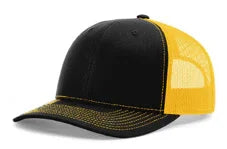 Black and yellow mesh trucker cap with gold stitching, curved brim, and breathable back panels
